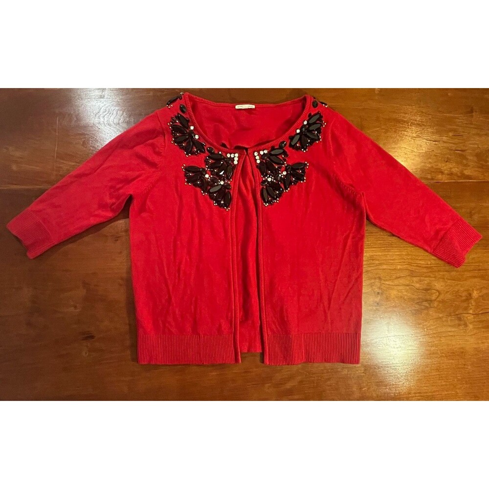 Exquisite Boston Proper Women's Red Beaded Cardigan Sweater M Holiday